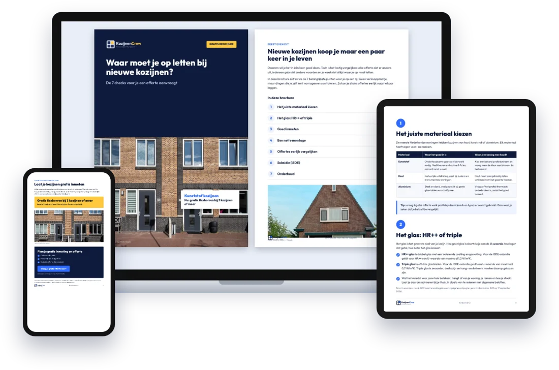De brochure op laptop, tablet en telefoon